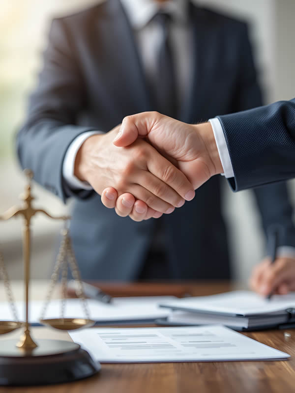 Close-up of two hands shaking with a scale of justice in the foreground and legal documents in the background
